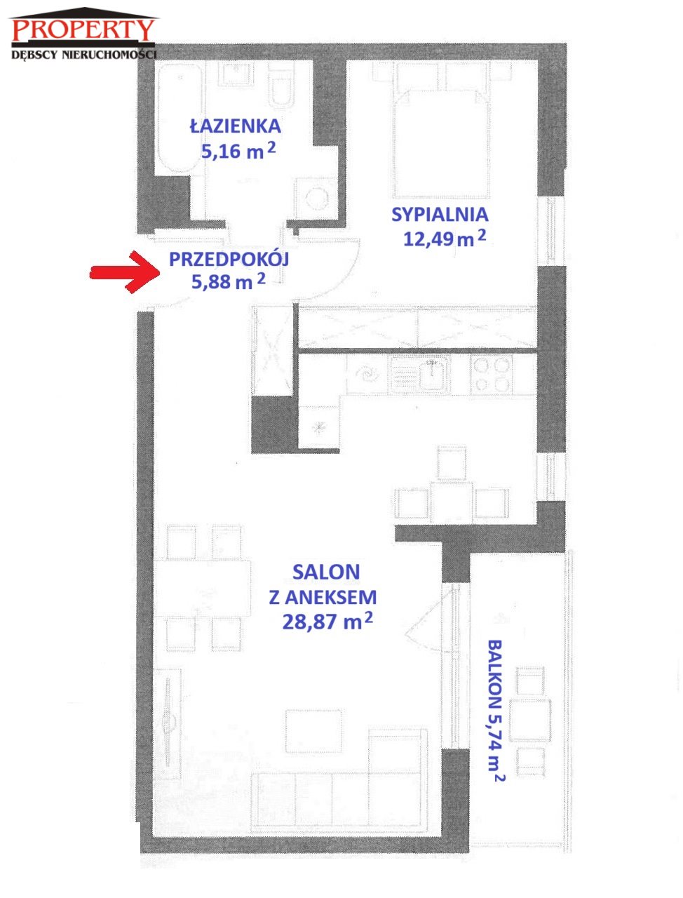 Elegancki apartament 2 pokoje, balkon, komórka — zdjęcie 1 — rzut lokalu
